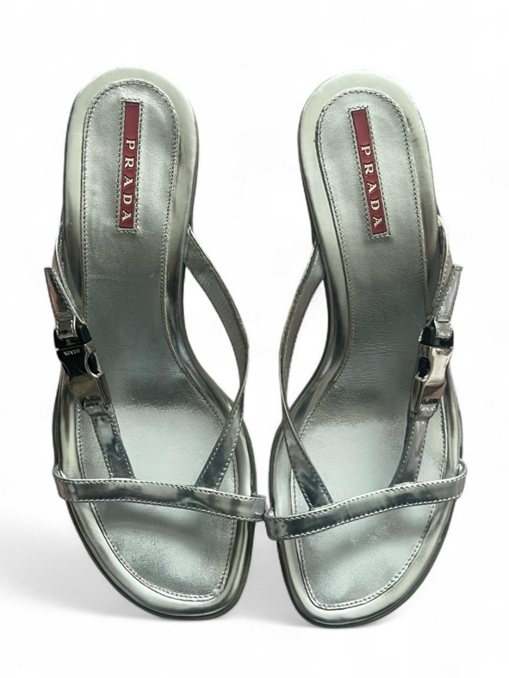 Prada Silver Chrome/Metallic Leather Sandals/Kitten Heels